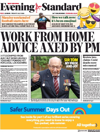 London Evening Standard Newspaper Front Page for 18 July 2020