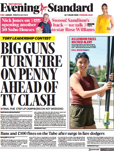 London Evening Standard Newspaper Front Page for 18 July 2022