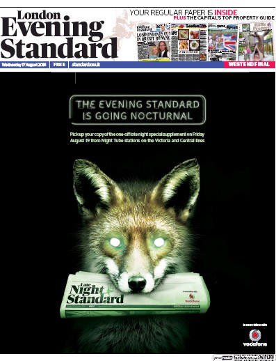 London Evening Standard Newspaper Front Page for 18 August 2016