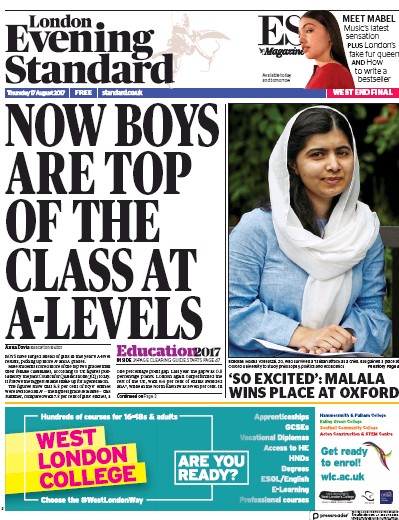 London Evening Standard Newspaper Front Page for 18 August 2017