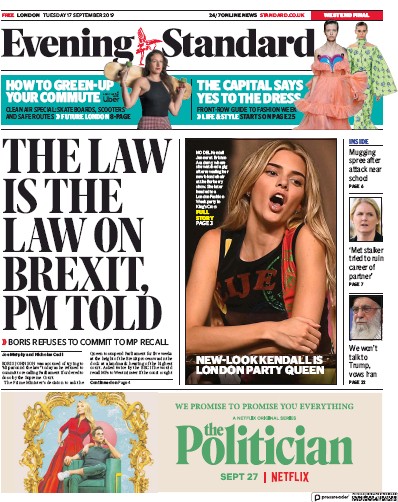 London Evening Standard Newspaper Front Page for 18 September 2019