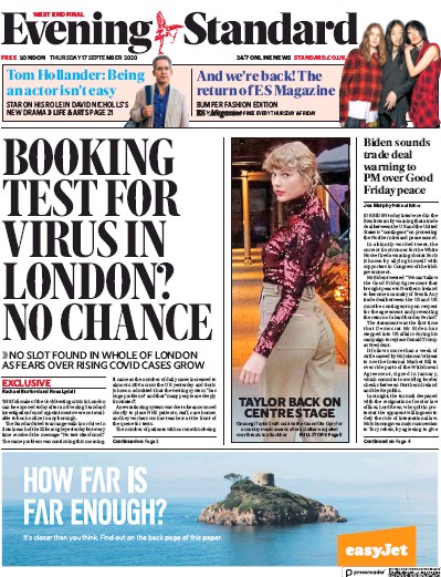London Evening Standard Newspaper Front Page for 18 September 2020