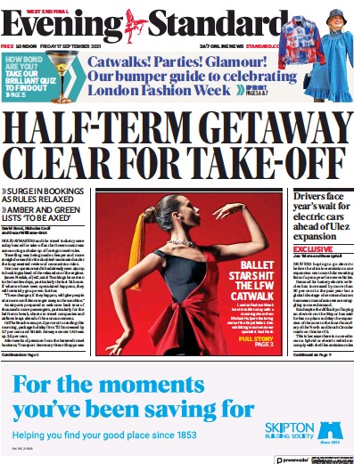 London Evening Standard (UK) Newspaper Front Page for 18 September 2021