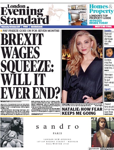 London Evening Standard Newspaper Front Page for 19 October 2017