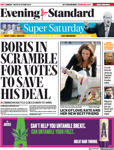 London Evening Standard Newspaper Front Page for 19 October 2019