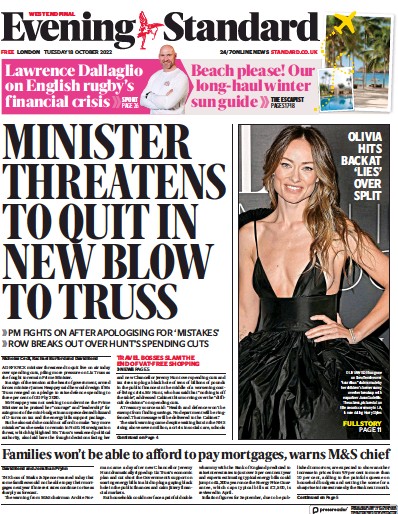 London Evening Standard Newspaper Front Page for 19 October 2022