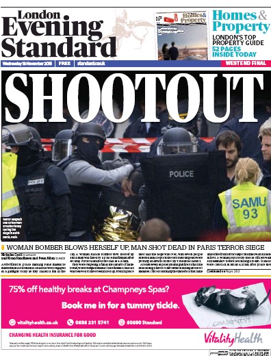 London Evening Standard (UK) Newspaper Front Page for 19 November 2015