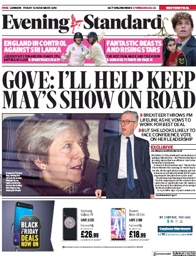 London Evening Standard (UK) Newspaper Front Page for 19 November 2018