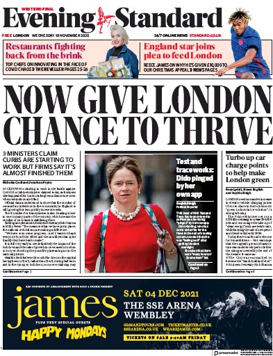 London Evening Standard Newspaper Front Page for 19 November 2020