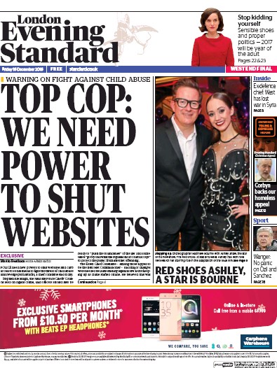 London Evening Standard Newspaper Front Page for 19 December 2016