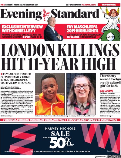 London Evening Standard (UK) Newspaper Front Page for 19 December 2019