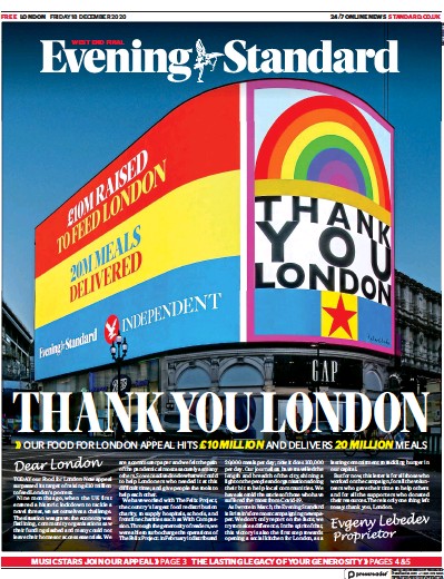 London Evening Standard Newspaper Front Page for 19 December 2020