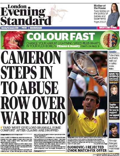 London Evening Standard Newspaper Front Page for 19 January 2016