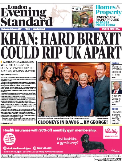 London Evening Standard Newspaper Front Page for 19 January 2017