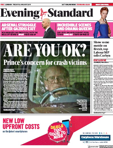 London Evening Standard Newspaper Front Page for 19 January 2019