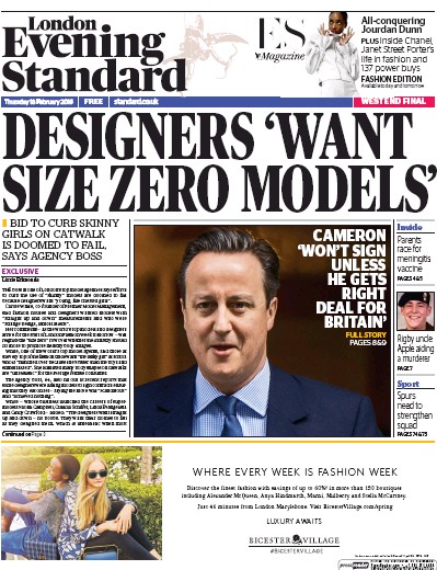 London Evening Standard Newspaper Front Page for 19 February 2016
