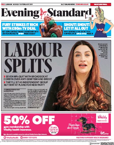 London Evening Standard Newspaper Front Page for 19 February 2019