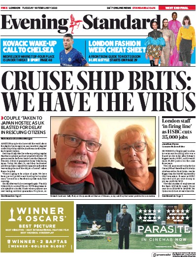 London Evening Standard Newspaper Front Page for 19 February 2020