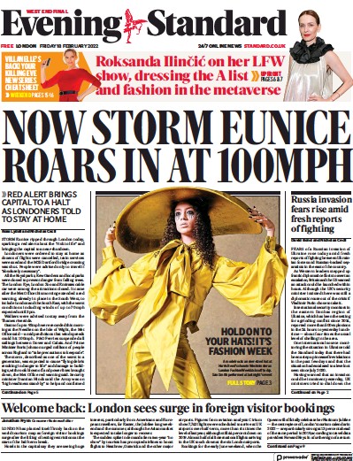 London Evening Standard Newspaper Front Page for 19 February 2022