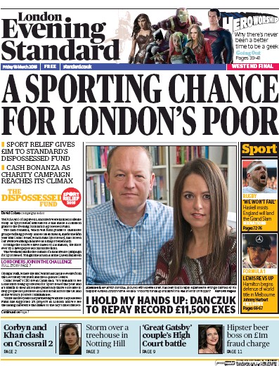 London Evening Standard Newspaper Front Page for 19 March 2016