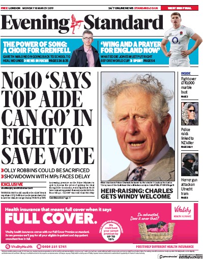 London Evening Standard Newspaper Front Page for 19 March 2019