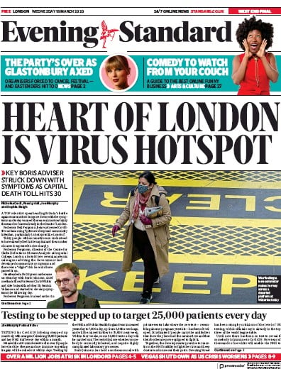London Evening Standard Newspaper Front Page for 19 March 2020