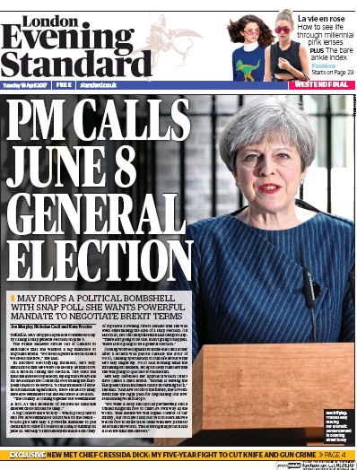 London Evening Standard Newspaper Front Page for 19 April 2017