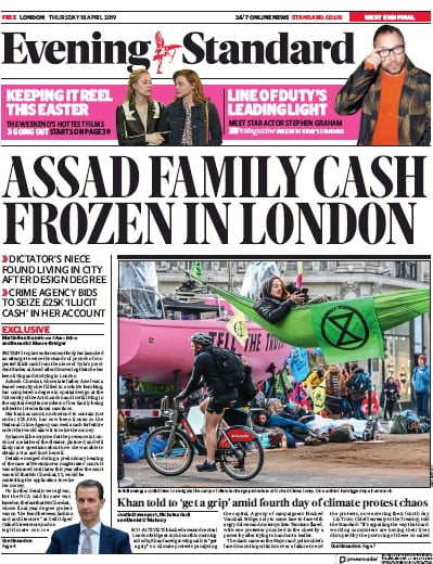 London Evening Standard Newspaper Front Page for 19 April 2019
