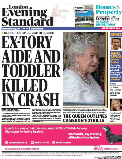 London Evening Standard Newspaper Front Page for 19 May 2016