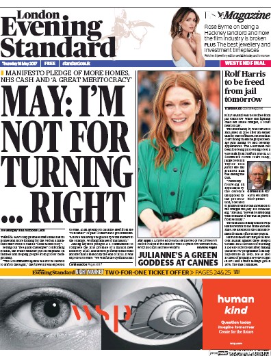 London Evening Standard Newspaper Front Page for 19 May 2017
