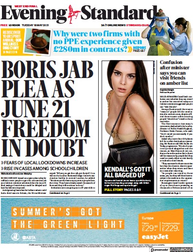 London Evening Standard Newspaper Front Page for 19 May 2021