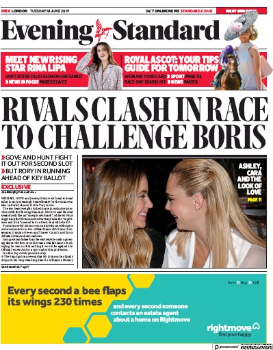 London Evening Standard Newspaper Front Page for 19 June 2019