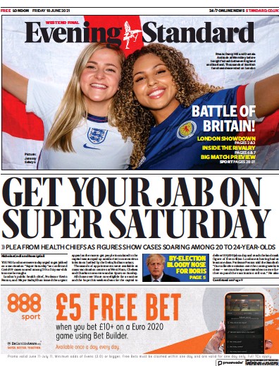 London Evening Standard (UK) Newspaper Front Page for 19 June 2021