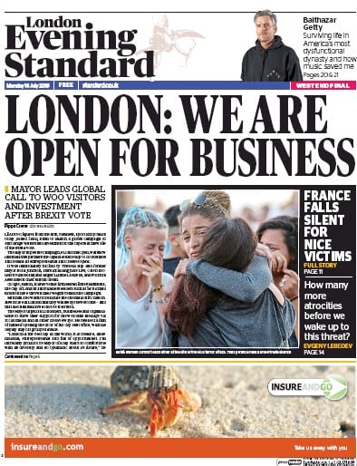 London Evening Standard (UK) Newspaper Front Page for 19 July 2016