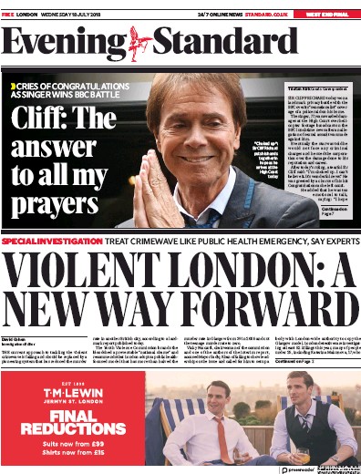 London Evening Standard Newspaper Front Page for 19 July 2018