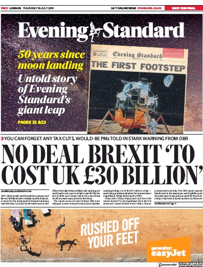 London Evening Standard Newspaper Front Page for 19 July 2019