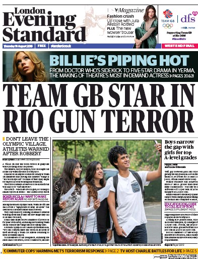 London Evening Standard (UK) Newspaper Front Page for 19 August 2016