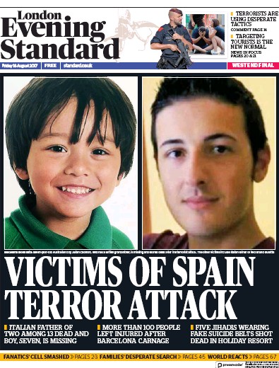 London Evening Standard Newspaper Front Page for 19 August 2017