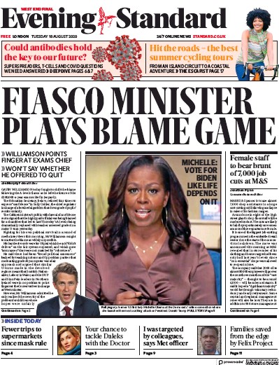 London Evening Standard Newspaper Front Page for 19 August 2020