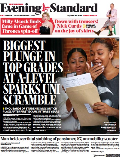 London Evening Standard (UK) Newspaper Front Page for 19 August 2022