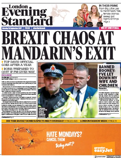 London Evening Standard Newspaper Front Page for 19 September 2017