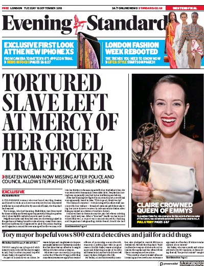 London Evening Standard Newspaper Front Page for 19 September 2018
