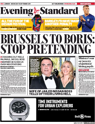 London Evening Standard Newspaper Front Page for 19 September 2019