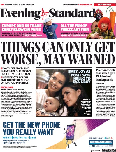 London Evening Standard Newspaper Front Page for 1 October 2018