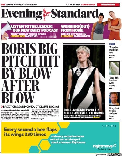 London Evening Standard Newspaper Front Page for 1 October 2019