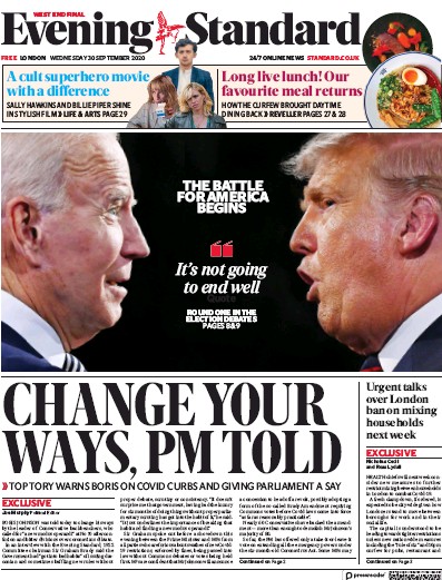 London Evening Standard Newspaper Front Page for 1 October 2020