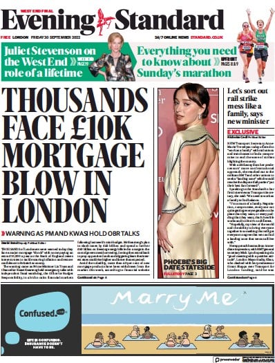 London Evening Standard (UK) Newspaper Front Page for 1 October 2022