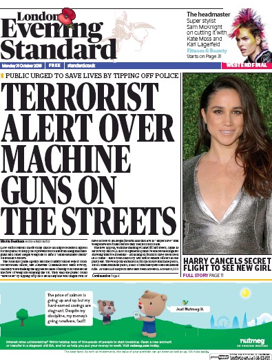 London Evening Standard (UK) Newspaper Front Page for 1 November 2016