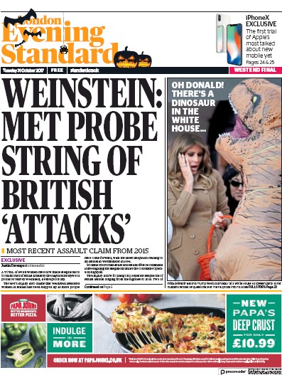 London Evening Standard Newspaper Front Page for 1 November 2017