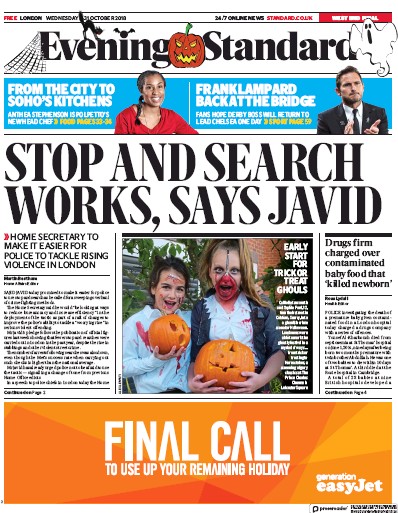 London Evening Standard Newspaper Front Page for 1 November 2018